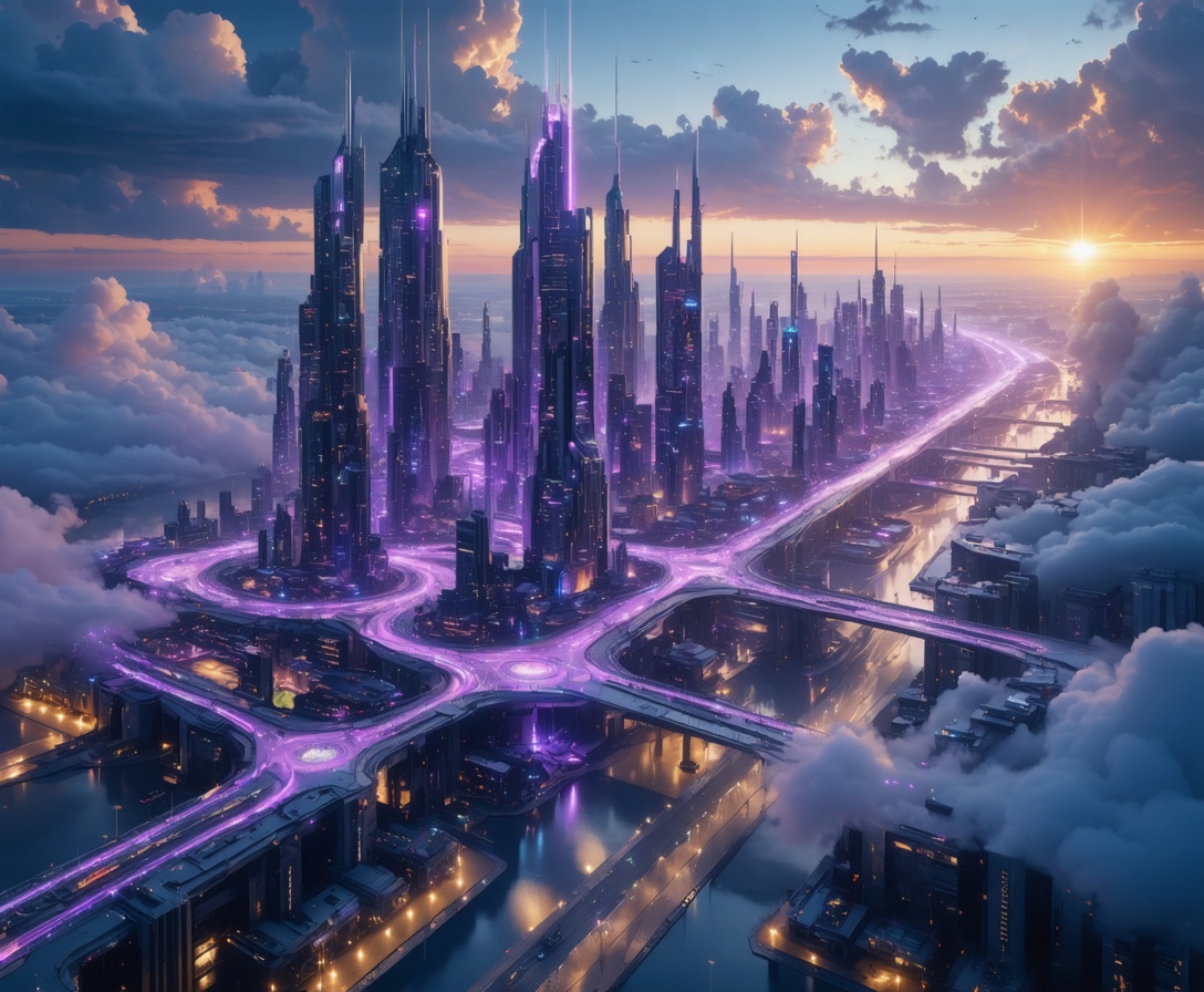 Città futuristica con linee tecnologiche AI integrate al tramonto