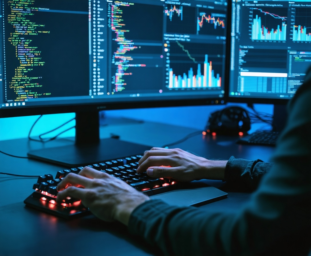 Mani di uno sviluppatore che codifica su una tastiera meccanica con diversi monitor