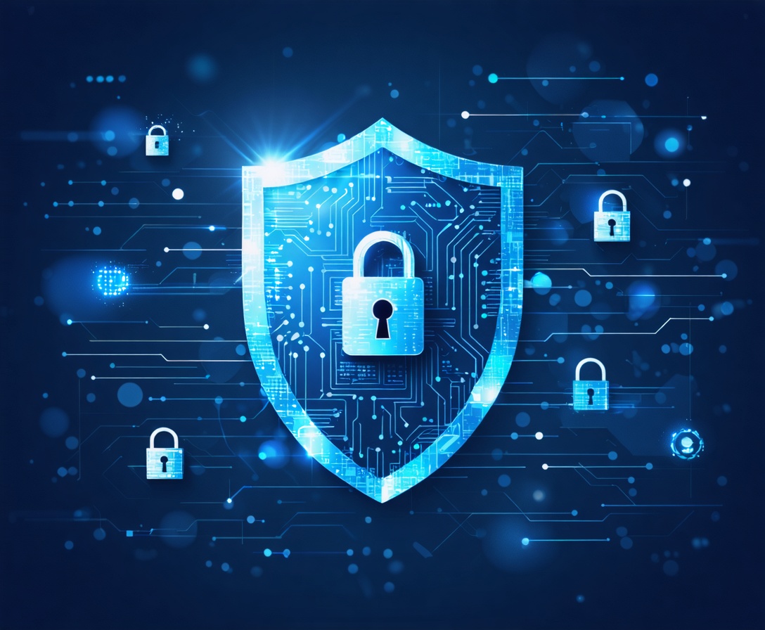 Rappresentazione astratta della sicurezza dei dati con lucchetti e scudi digitali