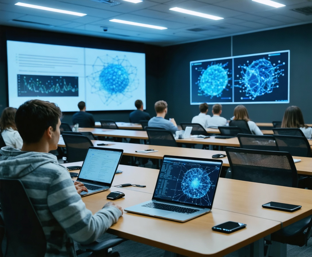 Aula tecnologica moderna a Milano con studenti che lavorano su computer portatili