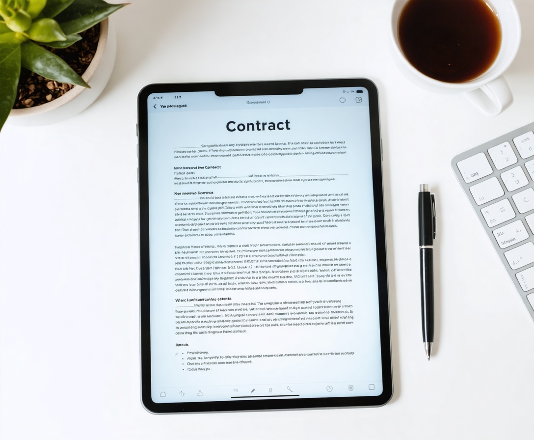 Vista dall'alto di una scrivania con un tablet che mostra un contratto digitale e una penna elegante