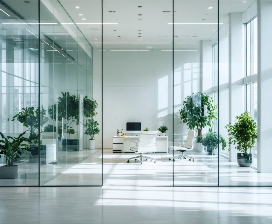 Interno dell'ufficio minimalista moderno a Milano con pareti in vetro e mobili bianchi