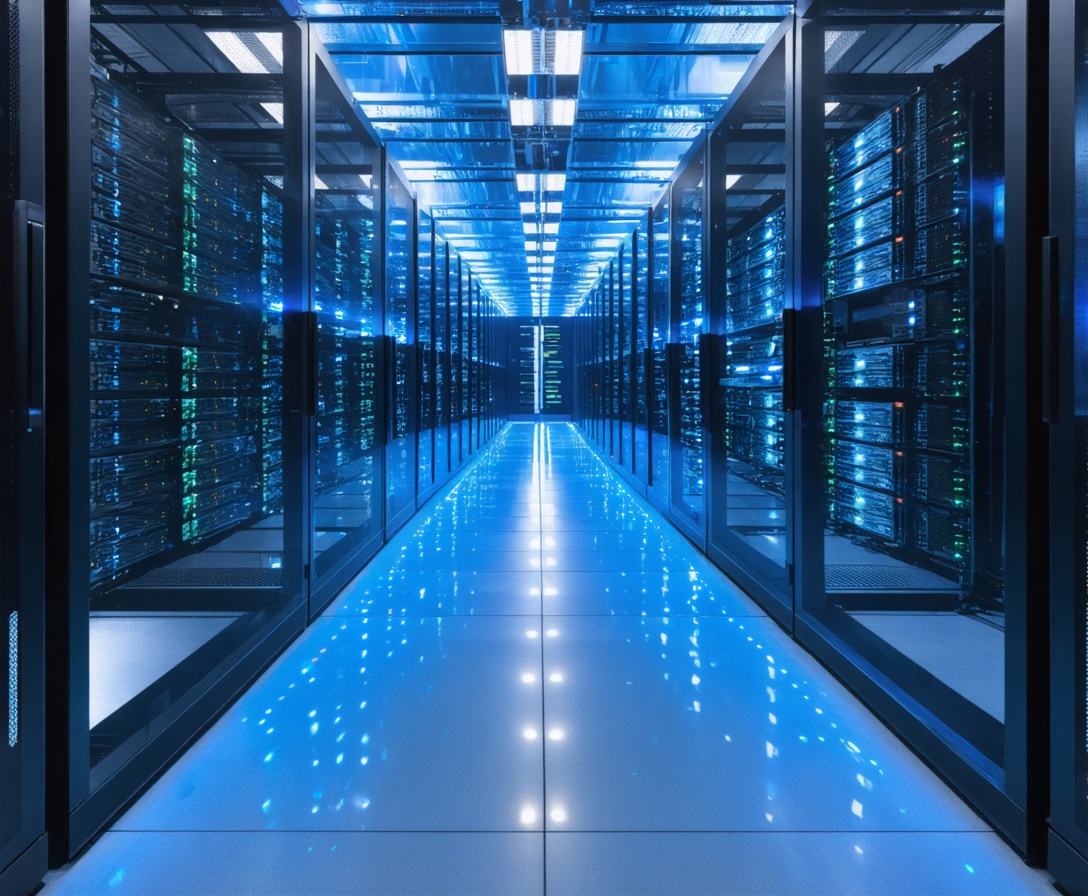 Corsia di un data center moderno con luci LED blu sui rack dei server