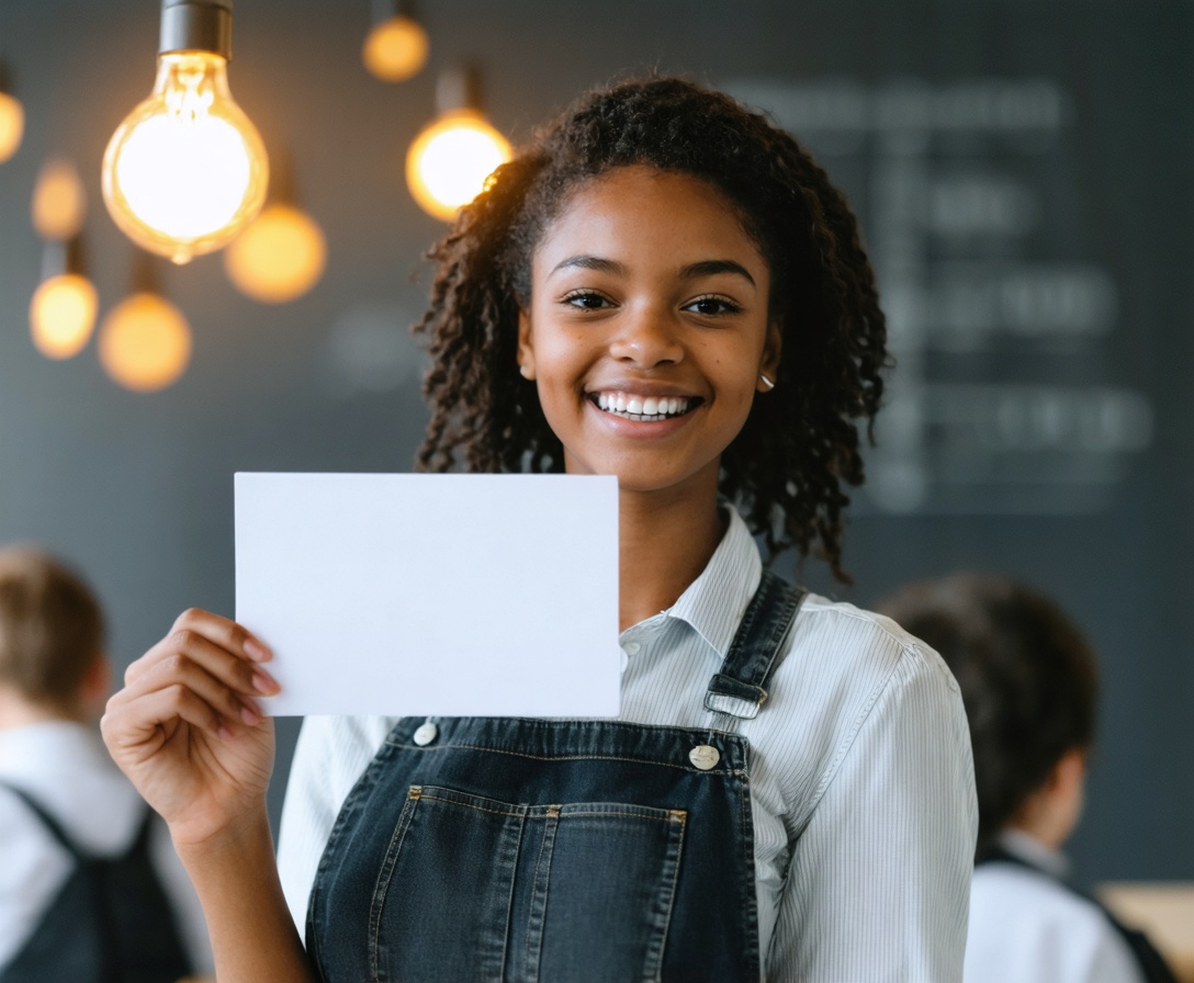 Studente professionale felice che riceve un certificato digitale in un'aula moderna